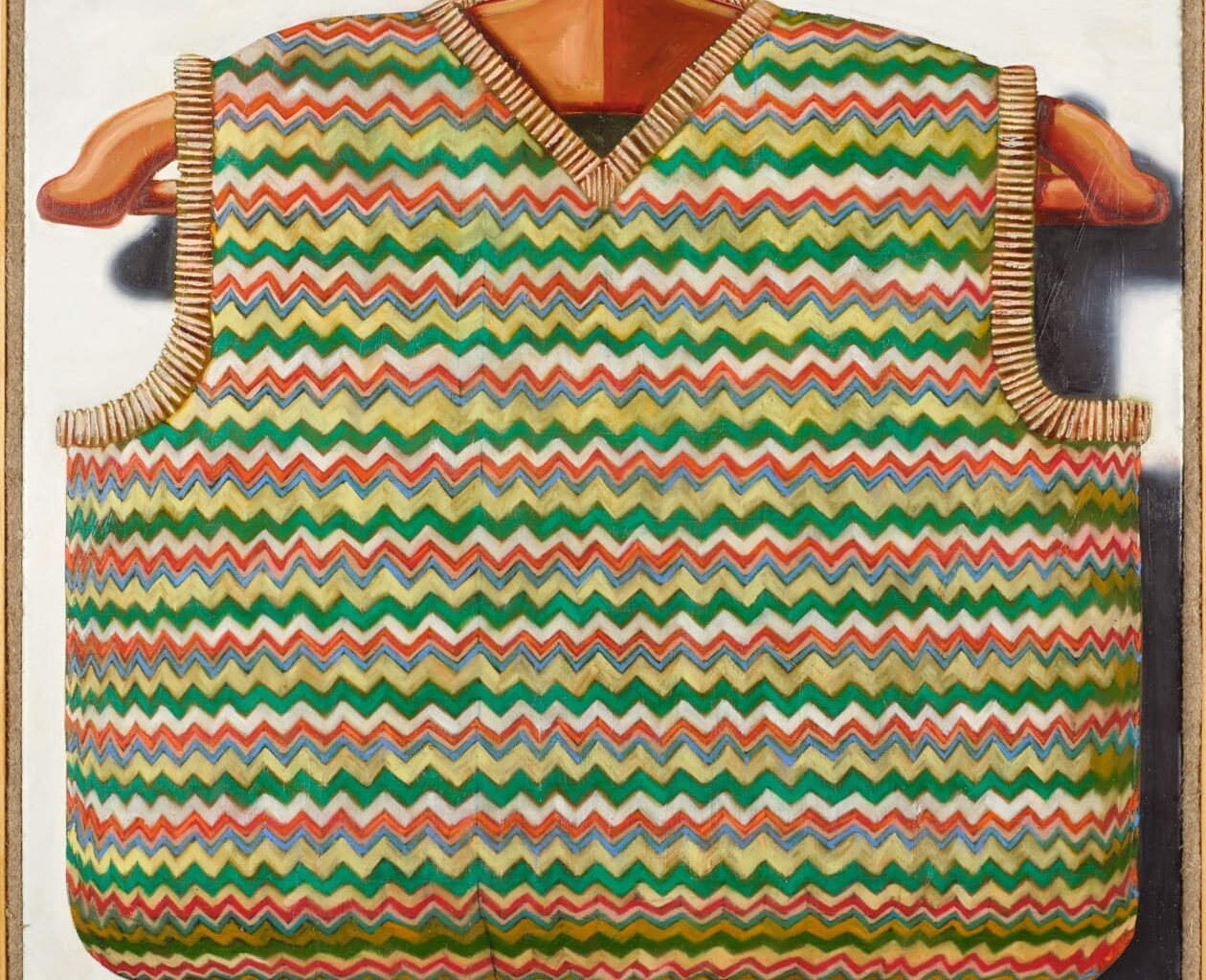 a painting of a striped sweater vest on a hanger by Kristof Santy