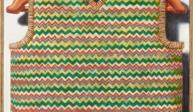 a painting of a striped sweater vest on a hanger by Kristof Santy