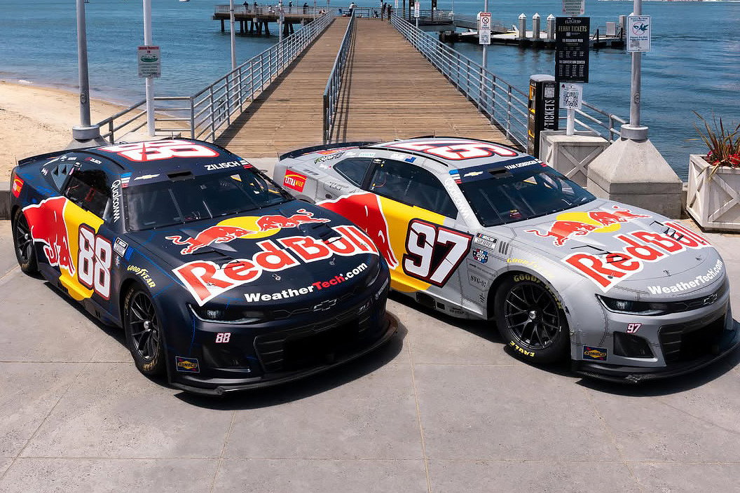 Trackhouse Racing's Red Bull-backed Chevrolet Camaro pair for the Coronado Naval Base NASCAR Cup Series race.