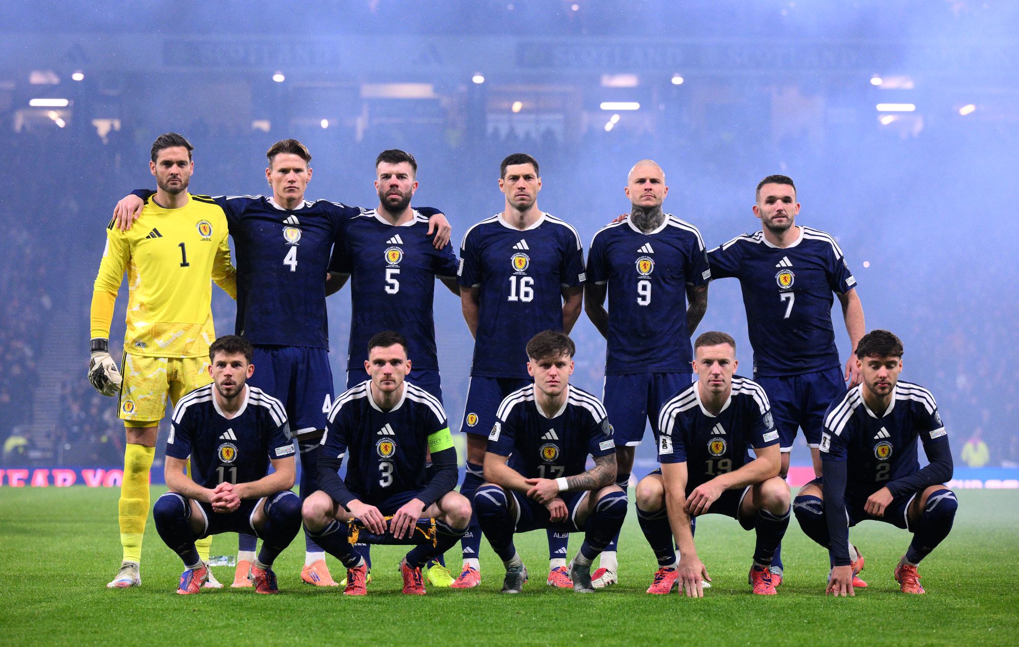 Players of Scotland pose for a team photograph during the FIFA World Cup 2026 qualifier match between Scotland and Denmark at Hampden Park on November 18, 2025 in Glasgow, Scotland. (Photo by Ben Roberts - Danehouse/Getty Images)