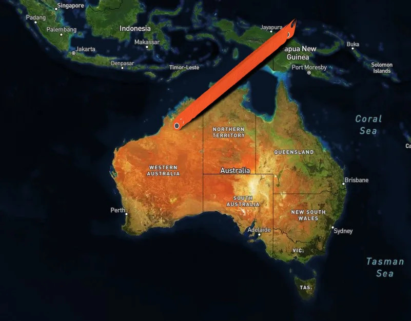 A map highlights the impact corridor of the May 15 meteor from northern WA to PNG.