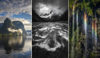 A triptych of landscapes: a calm lake with mountains and mist under a blue sky, a dramatic black-and-white river scene with clouds, and a waterfall cascading down rocks with a faint rainbow.