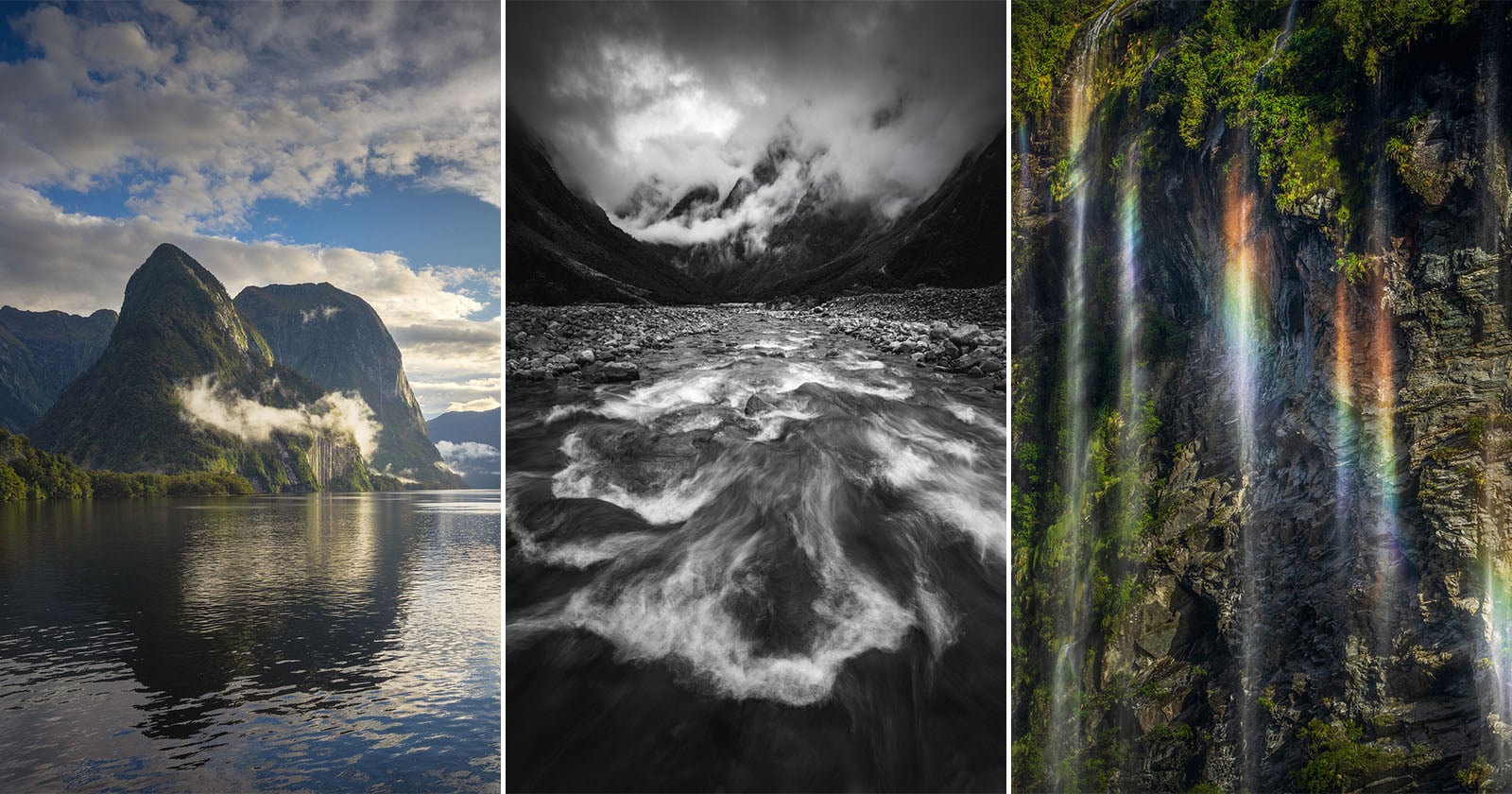 A triptych of landscapes: a calm lake with mountains and mist under a blue sky, a dramatic black-and-white river scene with clouds, and a waterfall cascading down rocks with a faint rainbow.
