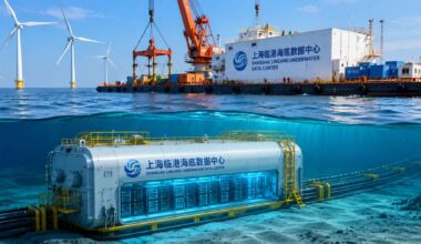 Underwater data center module off Shanghai connected to offshore wind turbines and subsea cables powering AI infrastructure