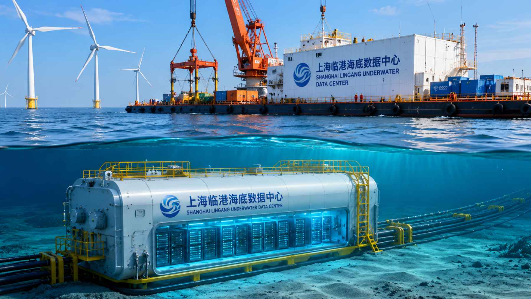 Underwater data center module off Shanghai connected to offshore wind turbines and subsea cables powering AI infrastructure