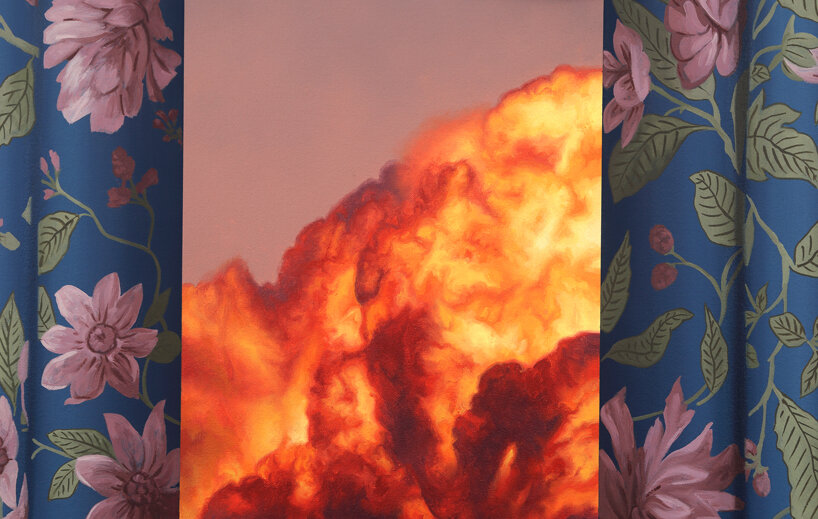 shawn huckins frames painted wildfires and smoke-filled skies behind hyperreal curtains - 1