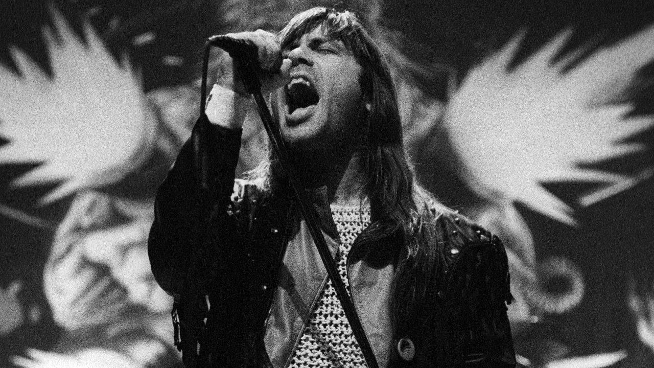 Bruce Dickinson onstage with Iron Maiden in 1990