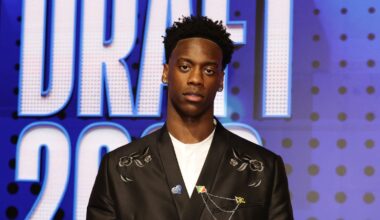 AJ Dybantsa arrives for the first round of the NBA basketball draft Tuesday, June 23, 2026, in New York. (AP Photo/Adam Hunger)