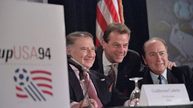 Alan Rothenberg, then-FIFA general secretary Sepp Blatter and Guillermo Canedo, FIFA vice-president at the US '94 stadium reveal in 1992