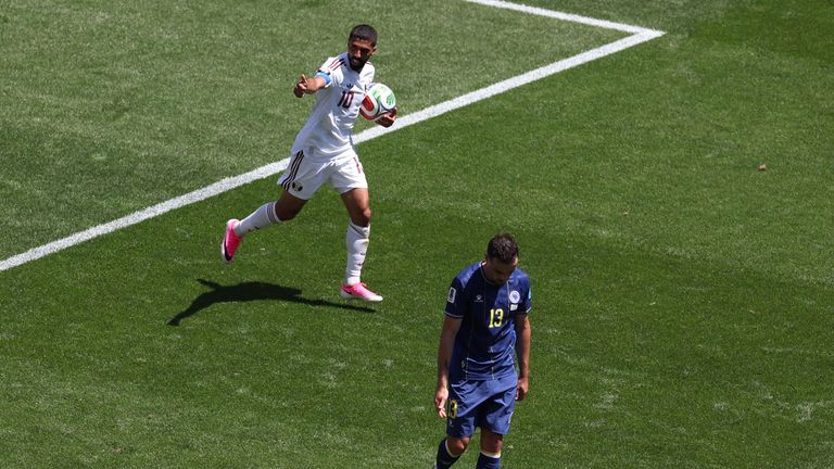 Qatar's Hassan Alhaydos (10) celebrates after scoring during the World Cup Group B soccer match between Bosnia and Qatar in Seattle, Wednesday, June 24, 2026. (AP Photo/Maddy Grassy)