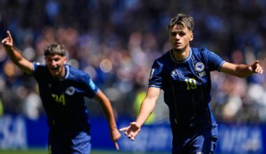 Bosnia's Kerim Alajbegovic, right, celebrates after scoring his side's opening goal during the World Cup Group B soccer match against Qatar in Seattle, Wednesday, June 24, 2026. (AP Photo/Lindsey Wasson)