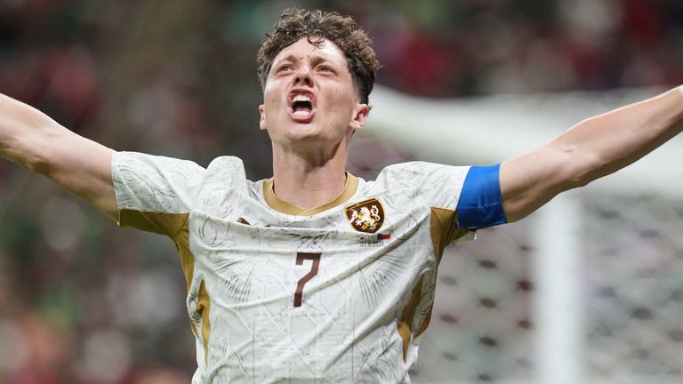 Czechia's Ladislav Krejci reacts after scoring against South Korea in Zapopan, near Guadalajara, Mexico, Thursday, June 11, 2026. (AP Photo/Dolores Ochoa)