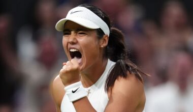 Emma Raducanu reacts during her match against Aryna Sabalenka on day five of the 2025 Wimbledon Championships at the All England Lawn Tennis