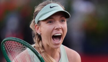 Katie Boulter of Great Britain celebrates after winning against Elena Rybakina of Kazakhstan during day five of the HSBC Championships at Th