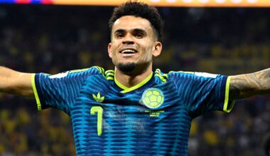 Colombia's forward #07 Luis Diaz celebrates scoring