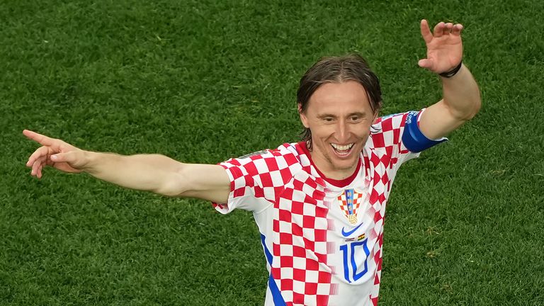 Croatia's Luka Modric (10) celebrates a win during the World Cup Group L soccer match between Croatia and Ghana in Philadelphia, Saturday, June 27, 2026. (AP Photo/Matt Rourke)