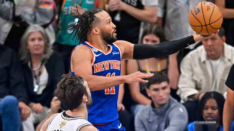 New York Knicks guard Jalen Brunson drives as San Antonio Spurs center Luke Kornet (7) defends during Game 5 of the NBA Finals