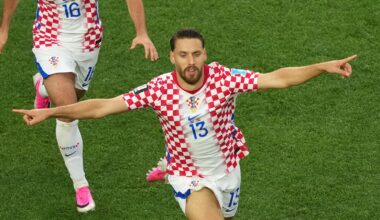 Croatia's Nikola Vlasic (13) celebrates their second goal during the World Cup Group L soccer match between Croatia and Ghana in Philadelphia, Saturday, June 27, 2026. (AP Photo/Matt Rourke)