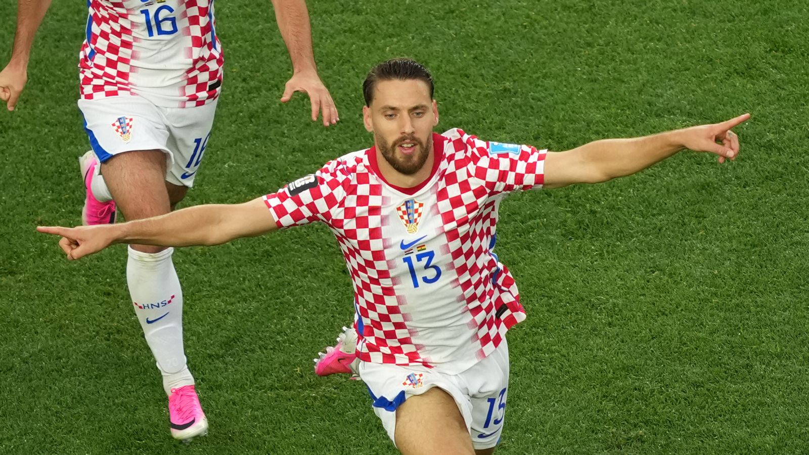 Croatia's Nikola Vlasic (13) celebrates their second goal during the World Cup Group L soccer match between Croatia and Ghana in Philadelphia, Saturday, June 27, 2026. (AP Photo/Matt Rourke)