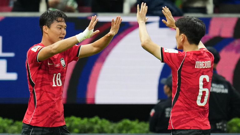 South Korea's Oh Hyeon-Gyu celebrates with teammate Hwang In-Beom after scoring against the Czech Republic at the World Cup