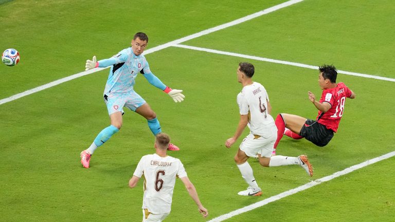 South Korea's Oh Hyeon-Gyu shoots and scores a goal against Czech goalkeeper Matej Kovar during the World Cup clash