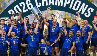 Leinster players Caelan Doris, Luke McGrath and James Lowe lift the trophy after the United Rugby Championship final