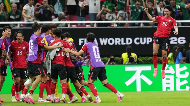 South Korea's Seol Young-woo (22) celebrates with his team after a goal during the World Cup Group A soccer against Czechia in Zapopan, near Guadalajara, Mexico, Thursday, June 11, 2026. (AP Photo/Dolores Ochoa)