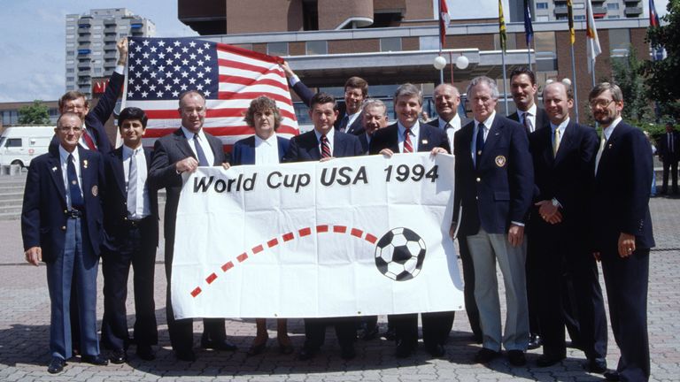 The US delegation outside FIFA offices in Zurich, Switzerland ahead of being awarded the 1994 World Cup