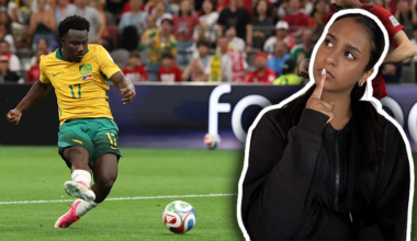 A soccer player in a yellow Australia jersey kicks the ball. A cutout of Natasha thinking.