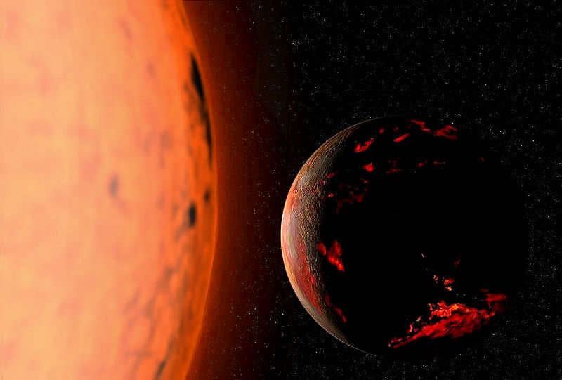 will earth survive: A rocky planet very close to its star, with parts of it glowing red hot.