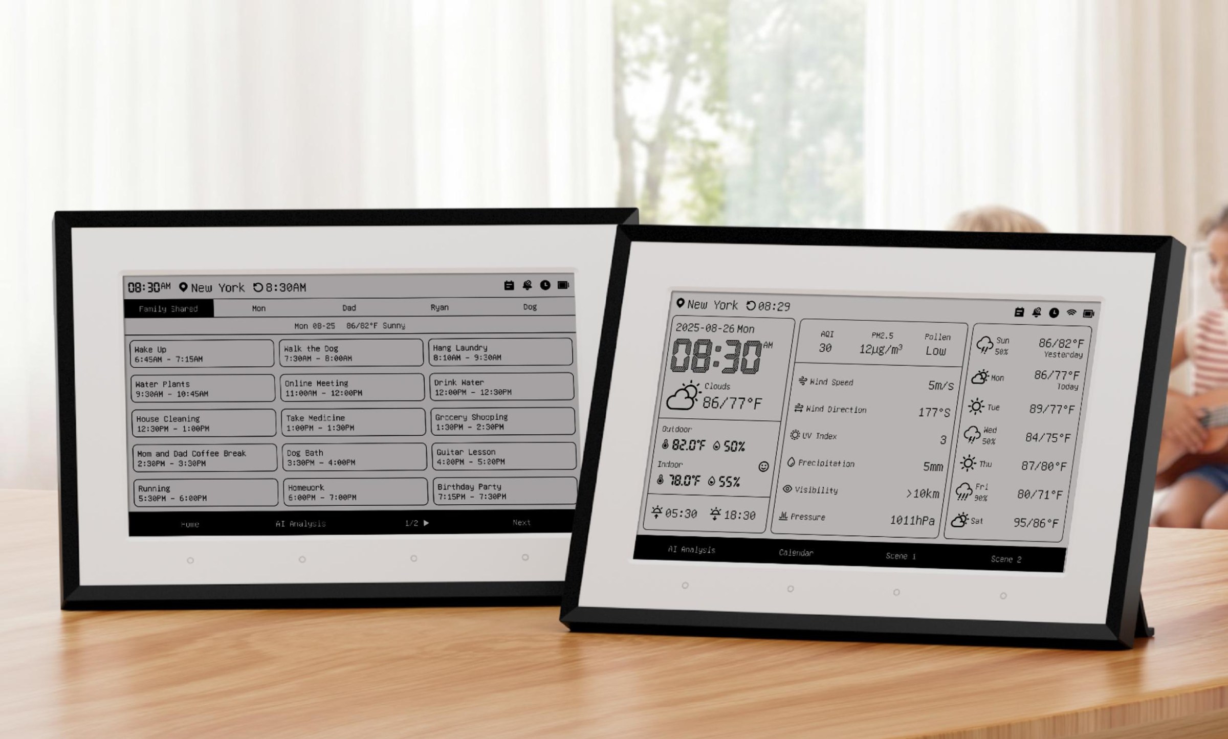 Two SwitchBot Weather Stations on a table displaying weather and calendar information.