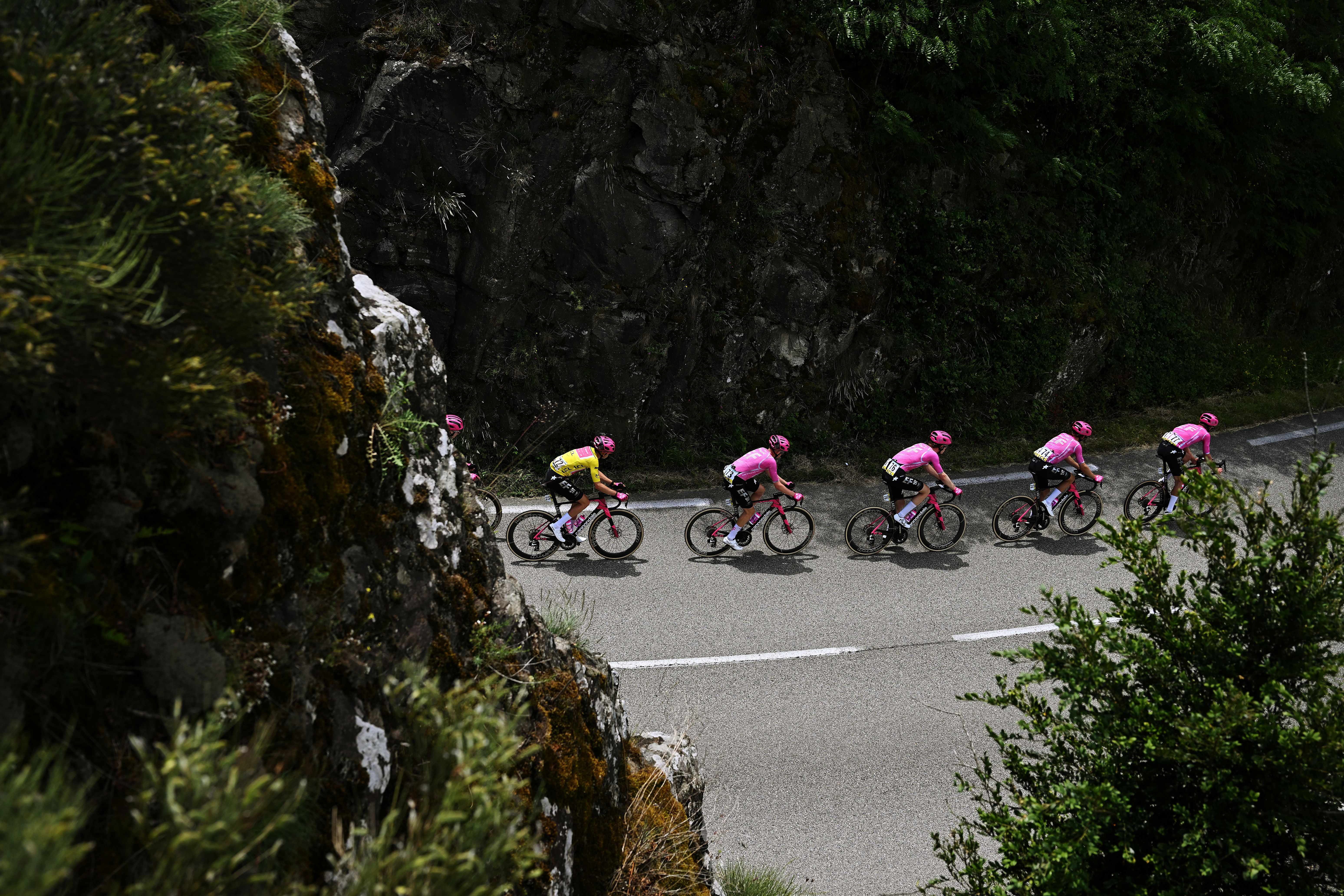 LE PUY-EN-VELAY, FRANCE - JUNE 08: Alex Baudin of France and Team EF Education - EasyPost - Yellow Leader Jersey compete during the 78th Tour Auvergne-Rhone-Alpes 2026, Stage 2 a 234.3km stage from Saint-Martin-le-Vinoux to Le Puy-en-Velay 624m / #UCIWT / on June 08, 2026 in Le Puy-en-Velay, France. (Photo by Dario Belingheri/Getty Images)