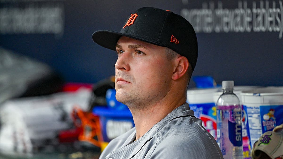 Detroit pitcher Tarik Skubal reacting during a baseball game at Truist Park in Atlanta
