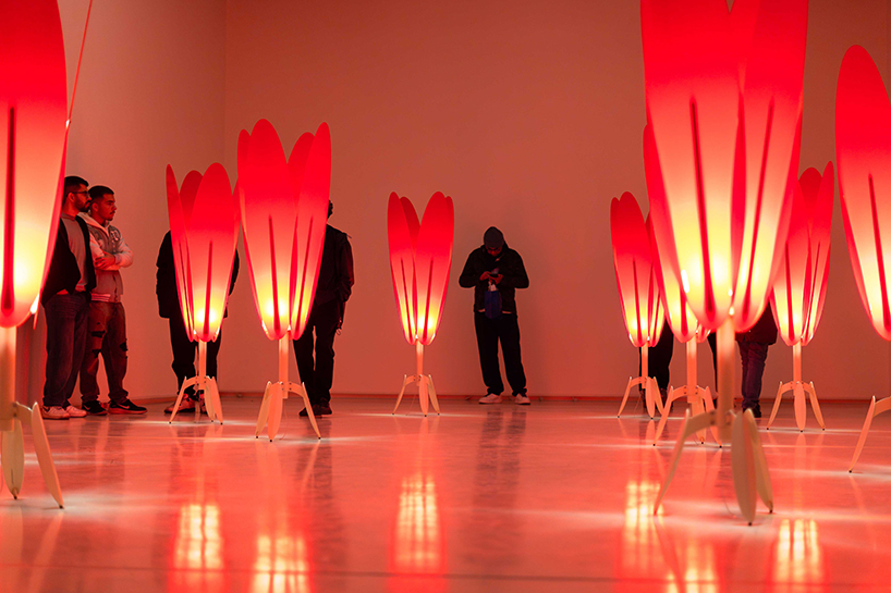 translucent red acrylic tulips form a glowing participatory light and sound installation - 2