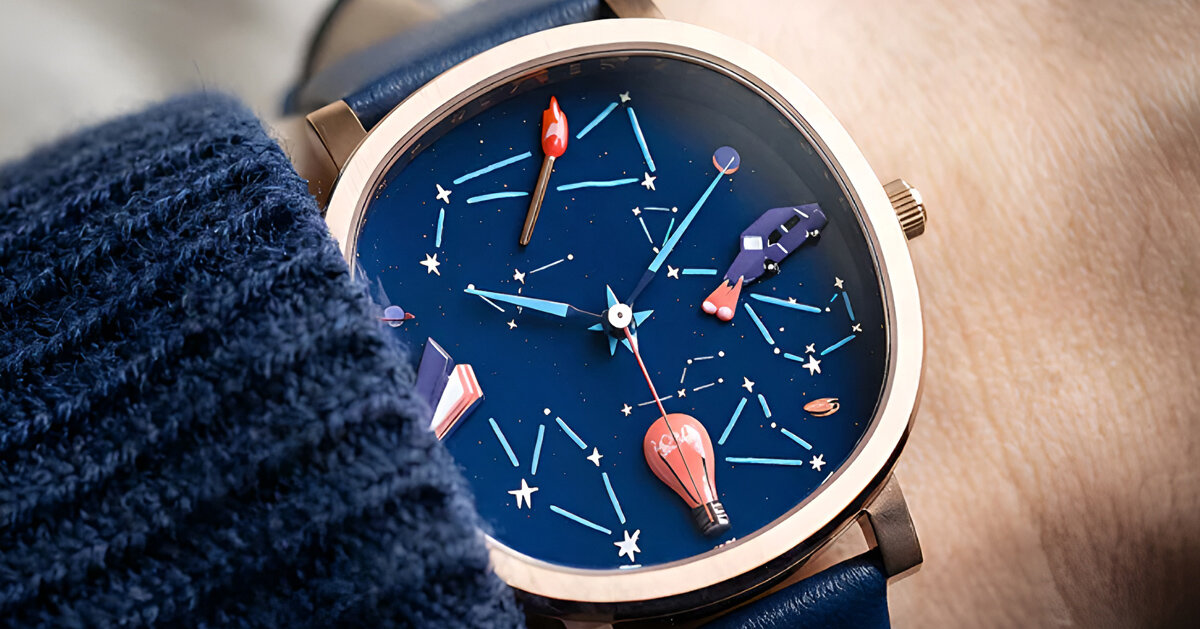four hand-painted symbols form a wearable constellation of human progress on watch dial