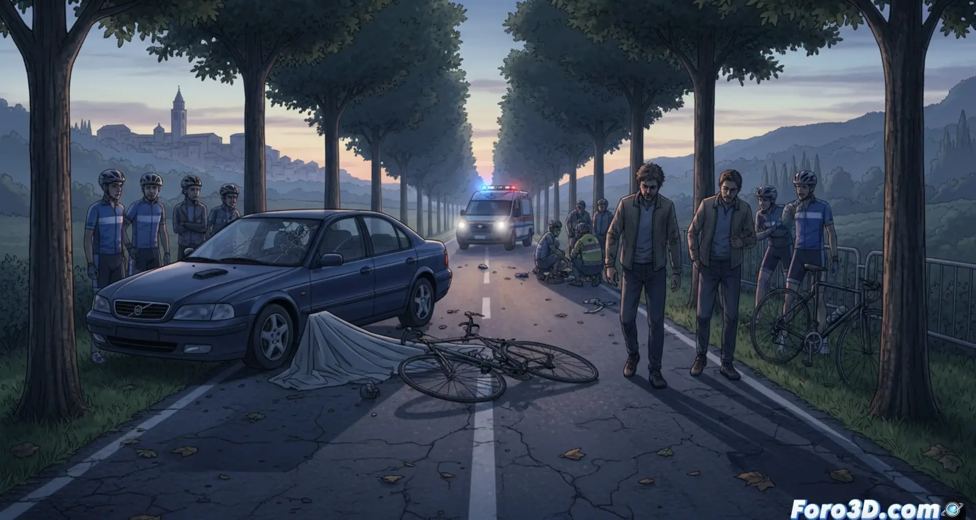 Cyclists on a secondary road being run over by a high-speed vehicle, deformed bicycles and plastic fragments scattered on wet asphalt, rear brake lights illuminating the night scene, tires leaving curved skid marks, broken and smoking car headlight, background of dark fields and blurred trees, photorealistic cinematic style, dramatic streetlamp lighting, low angle showing the impact in motion, grainy texture of a rural road, tense and tragic atmosphere