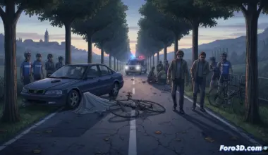 Cyclists on a secondary road being run over by a high-speed vehicle, deformed bicycles and plastic fragments scattered on wet asphalt, rear brake lights illuminating the night scene, tires leaving curved skid marks, broken and smoking car headlight, background of dark fields and blurred trees, photorealistic cinematic style, dramatic streetlamp lighting, low angle showing the impact in motion, grainy texture of a rural road, tense and tragic atmosphere