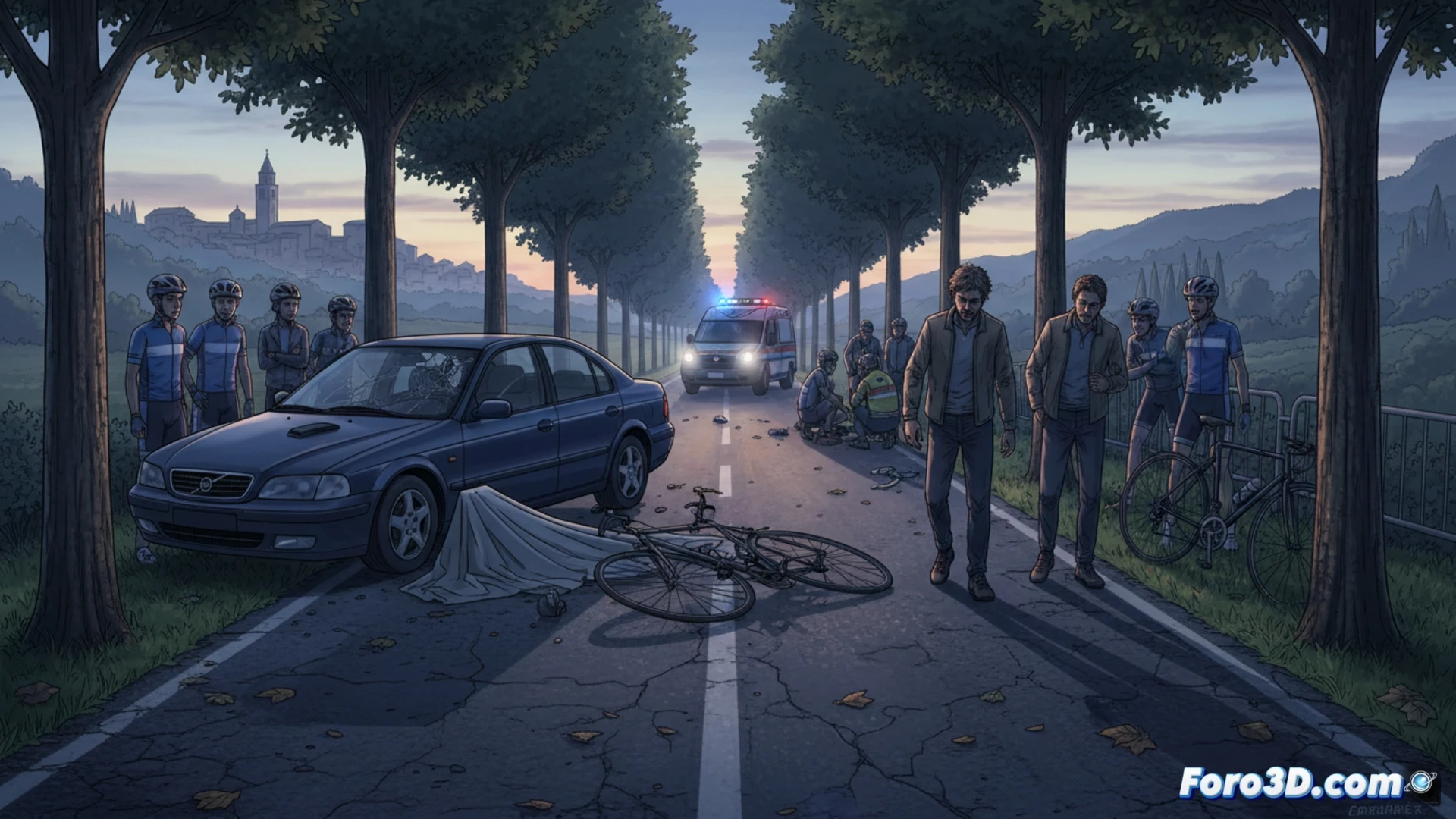 Cyclists on a secondary road being run over by a high-speed vehicle, deformed bicycles and plastic fragments scattered on wet asphalt, rear brake lights illuminating the night scene, tires leaving curved skid marks, broken and smoking car headlight, background of dark fields and blurred trees, photorealistic cinematic style, dramatic streetlamp lighting, low angle showing the impact in motion, grainy texture of a rural road, tense and tragic atmosphere