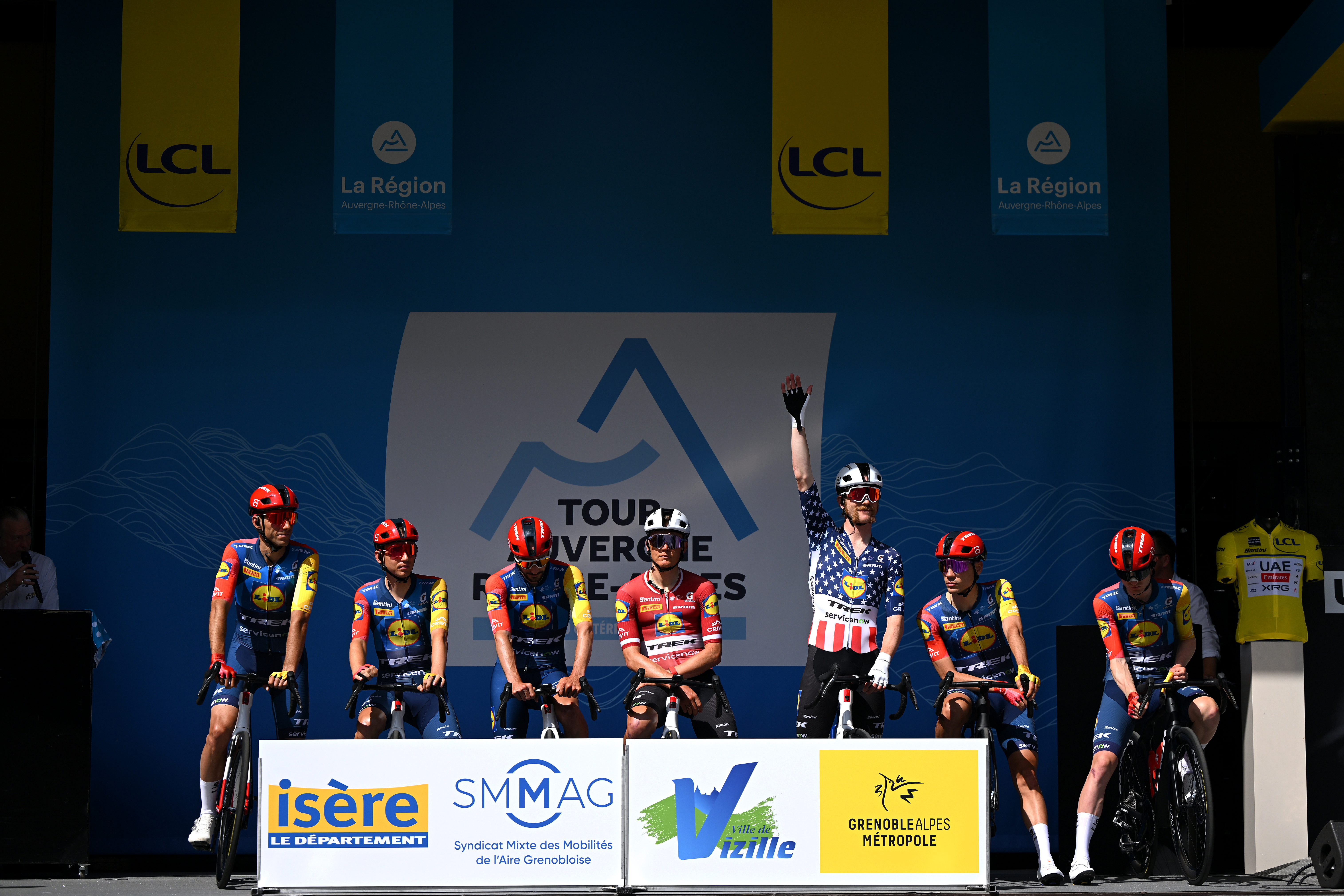 VIZILLE, FRANCE - JUNE 07: Juan Ayuso of Spain, Julien Bernard of France, Lennard Kamna of Germany, Quinn Simmons of United States, Mattias Skjelmose of Denmark, Toms Skujins of Latvia, Carlos Verona of Spain and Team Lidl - Trek prior to the 78th Tour Auvergne-Rhone-Alpes 2026, Stage 1 a 146.2km stage from Vizille to Saint-Ismier / #UCIWT / on June 07, 2026 in Vizille, France. (Photo by Dario Belingheri/Getty Images)