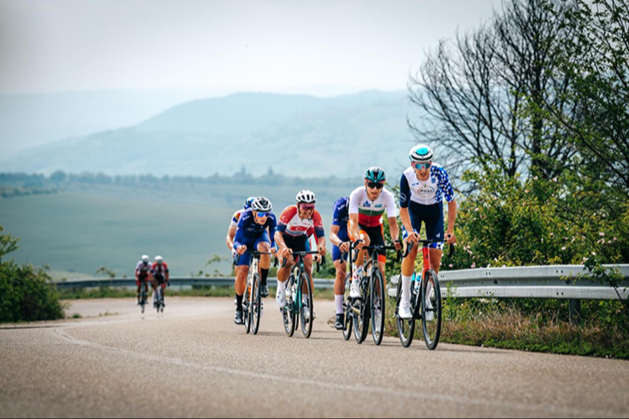Riders climb through a rural road section during the Balkan Road Cycling Championships. (Photo via Turkish Cycling Federation)