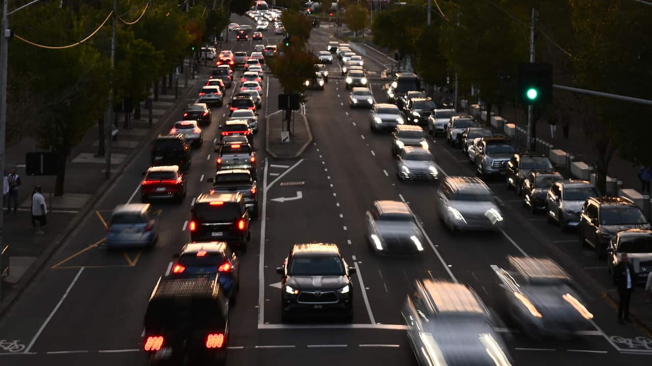An aerial view of traffic.