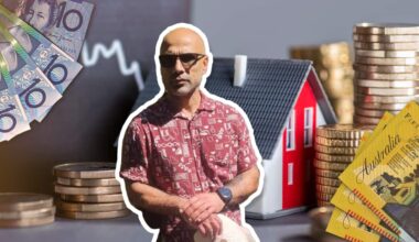 A composite image showing a bald man in a red shirt outlined against a small toy house surrounded by Australian currency.