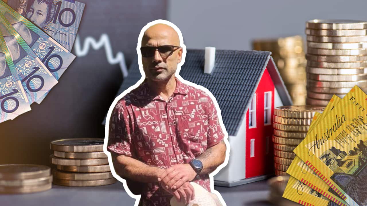 A composite image showing a bald man in a red shirt outlined against a small toy house surrounded by Australian currency.