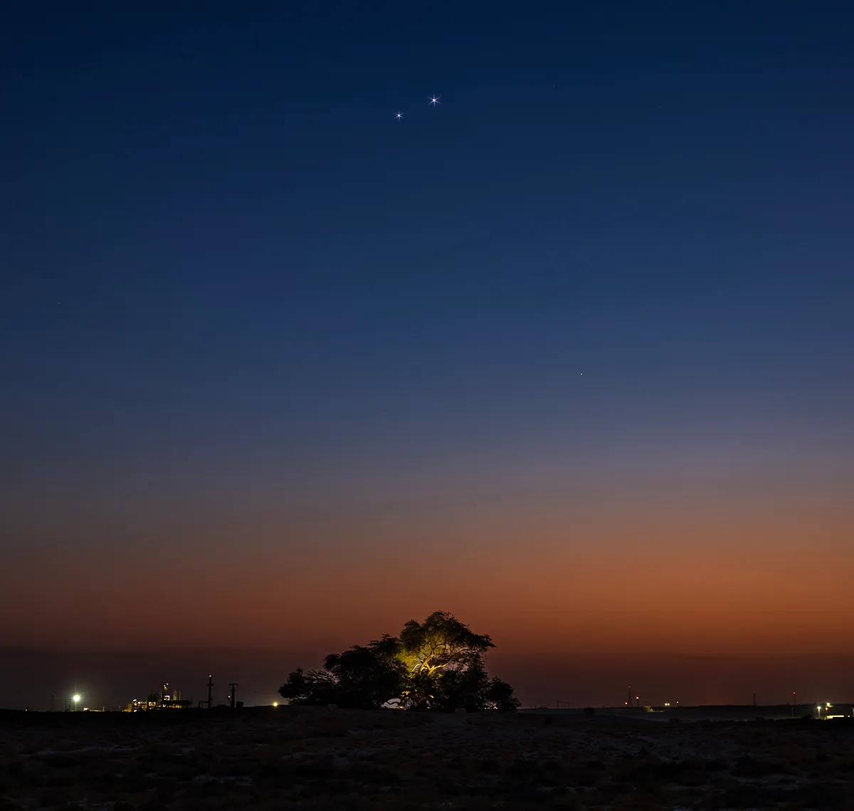 A beautiful view of the Venus–Jupiter conjunction over the Tree of Life, Bahrain, captured by Premjith Narayanan, 9 June 2026. Equipment: Canon EOS R3 DSLR camera, RF24-70mm f/2.8 lens. Exposure: ISO 125, f/4, 0.8s. Software: Photoshop