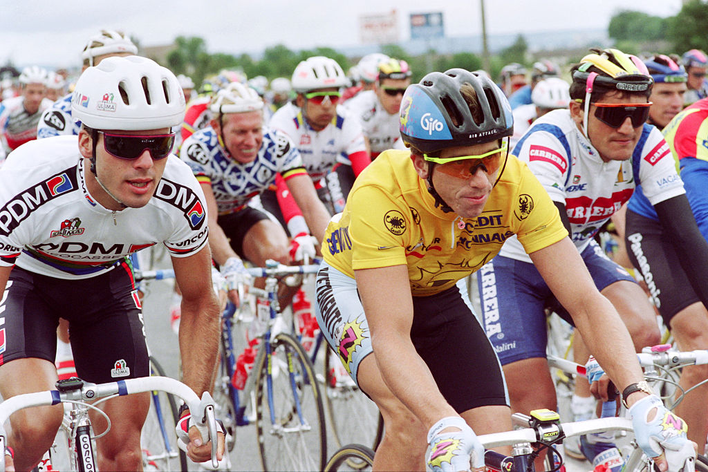 From left, Dutch cyclist Erik Breukink, US cyclist Greg Lemond an Italian cyclist Claudio Chiappucci ride during the 9th stage of the Tour de France in 1991