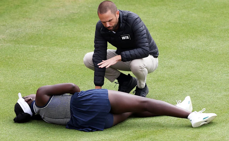 Victoria Mboko, pictured here after suffering a knee injury at Queen's.