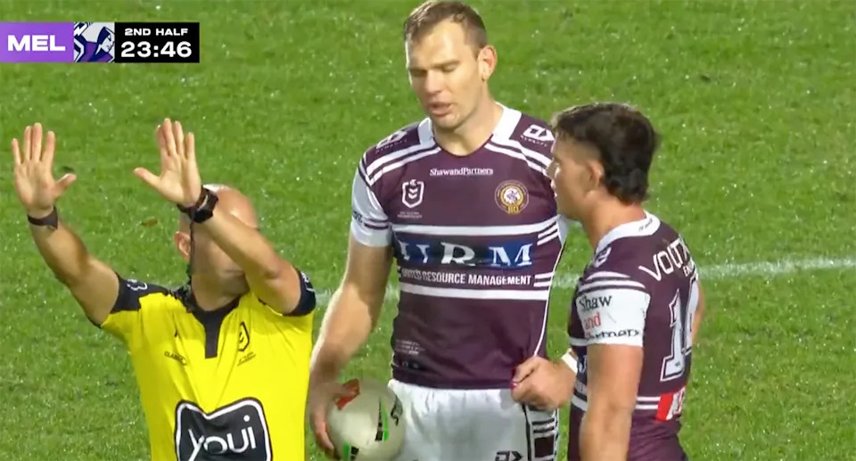 Manly young gun Joey Walsh (R) faces a nervous wait after being sin-binned and placed on report for a hip-drop style tackle that injured Storm forward, Ativalu Lisati. Pic: Fox League