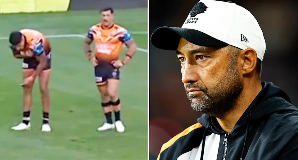 Kai Pearce-Paul and Tigers coach Benji Marshall.