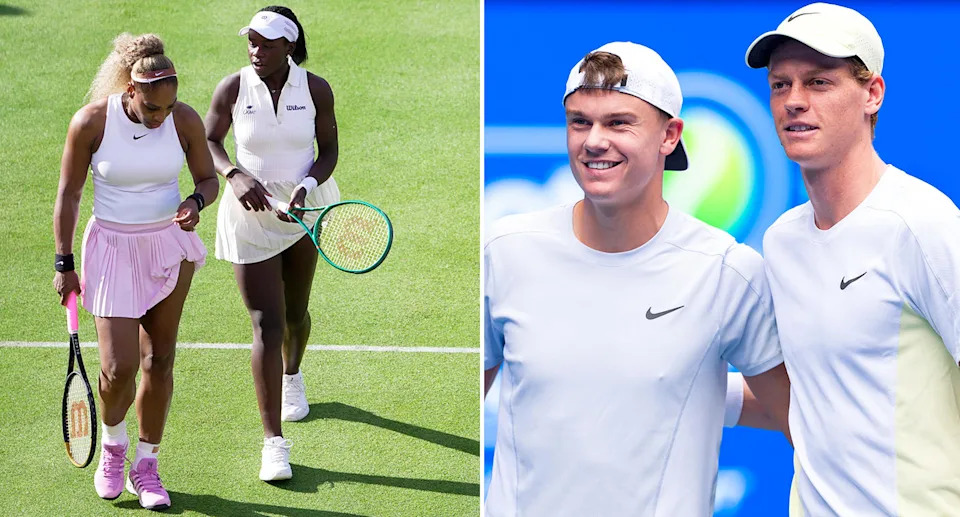 Victoria Mboko and Holger Rune with Serena Williams and Jannik Sinner.