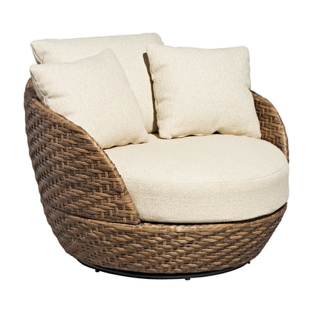 Beautiful Wicker Outdoor Swivel Chair With Bouclé Cushions & Cover by Drew Barrymore, Brown/porcini